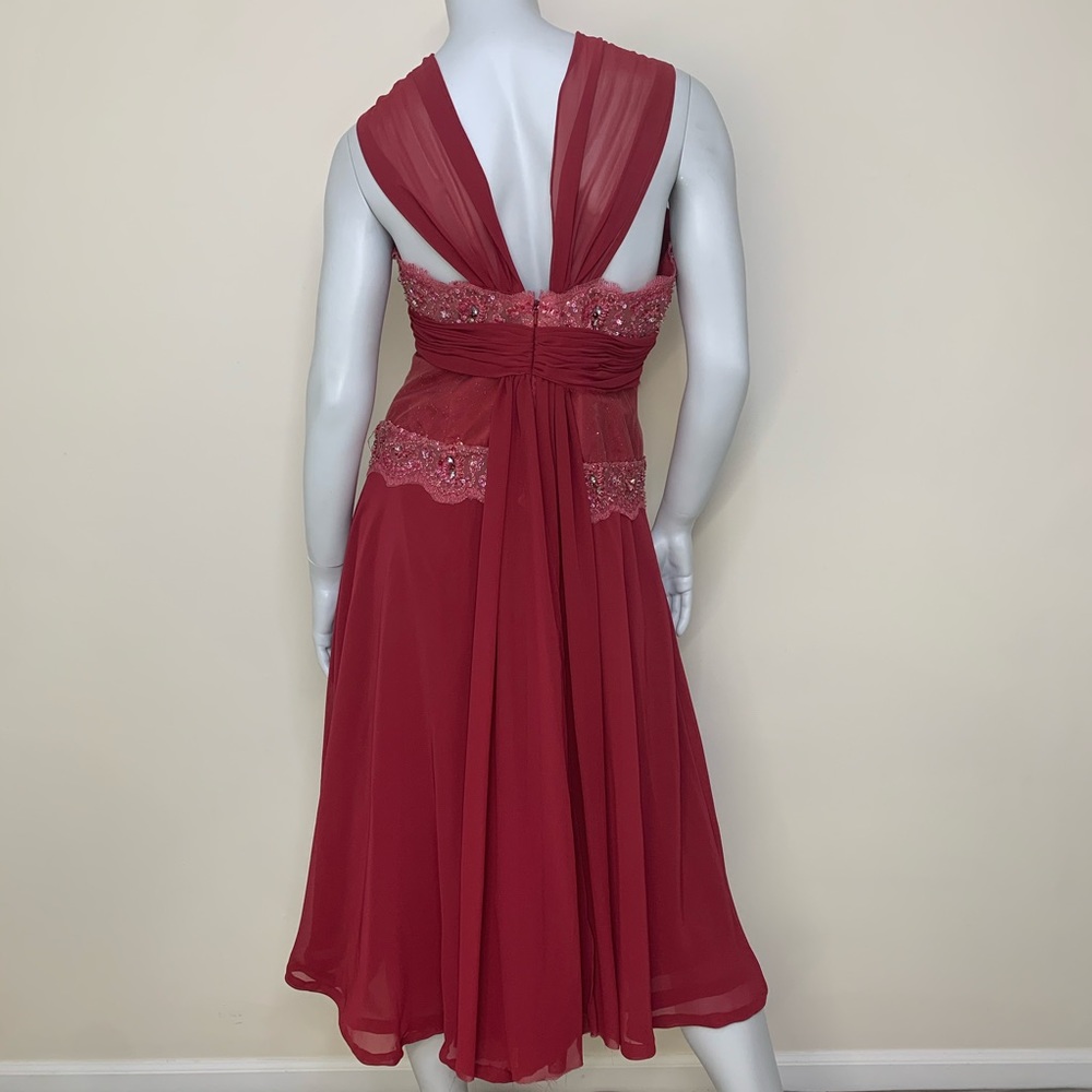 Cameron Blake Wine Formal Tea Length Beaded Dress - Picture 6 of 8